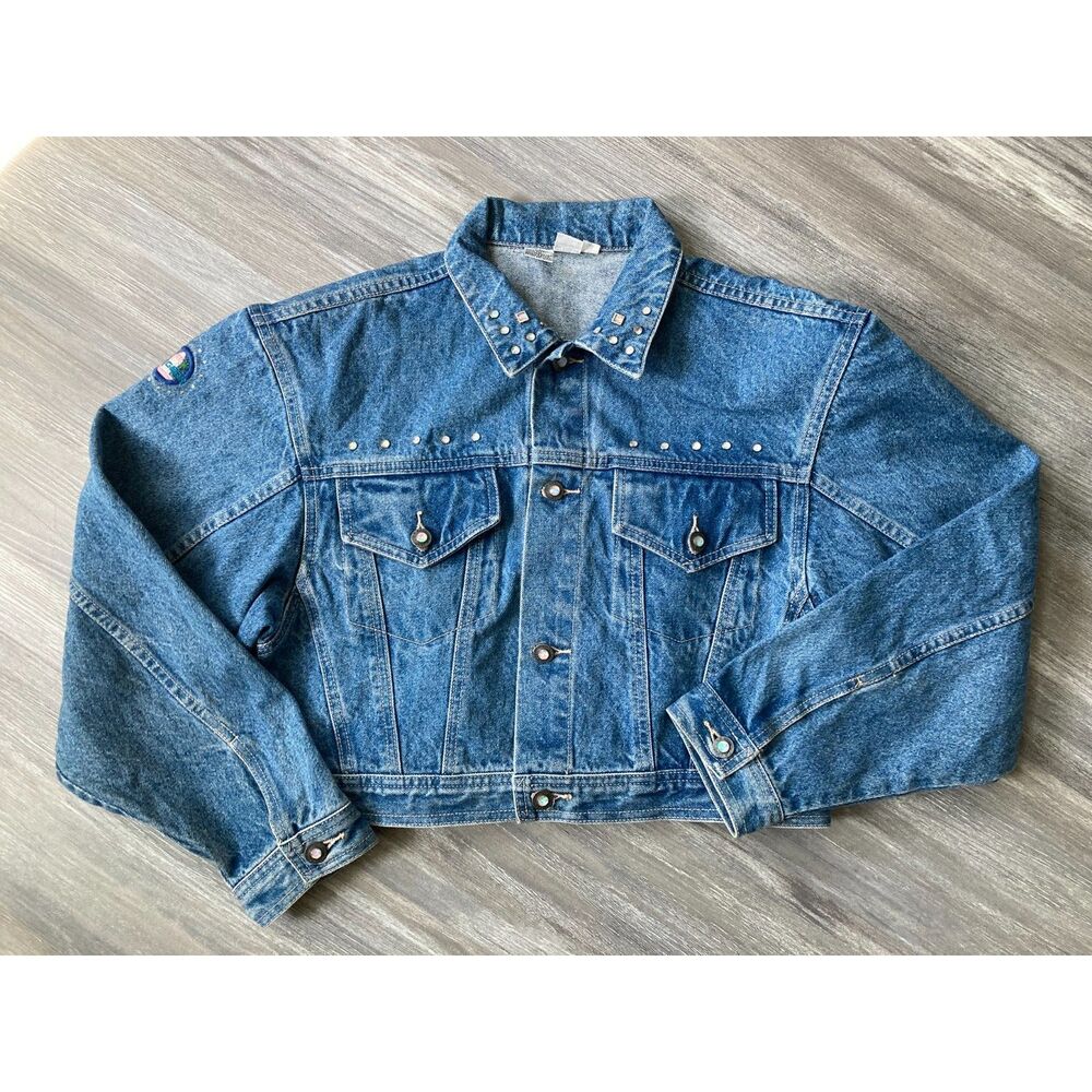 Vintage 80s LA Gear Denim Jacked Studded Rhinestone Jeweled Cropped Boxy Large